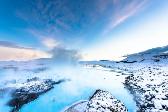 Aerial view of Iceland's Blue Lagoon, covered in snow