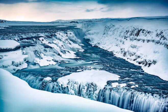 Gullfoss waterfall in the winter, covered in frost and snow