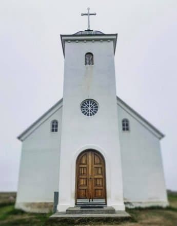 Flatey Island's iconic white church.