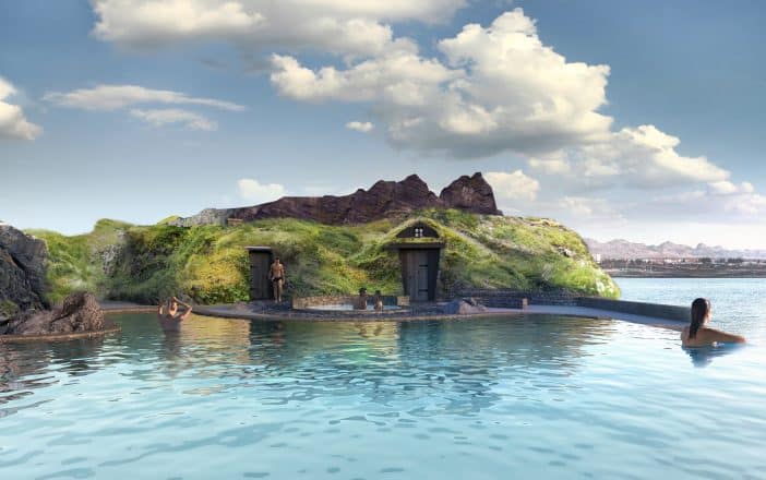 Casas de césped en el spa geotérmico islandés Sky Lagoon