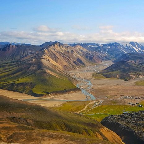 Landmannalaugar camping site viewed from above the mountain