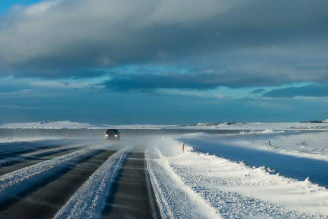 Driving down an icy road in Iceland