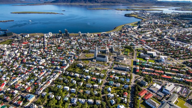 An aerial view over Iceland's capital city