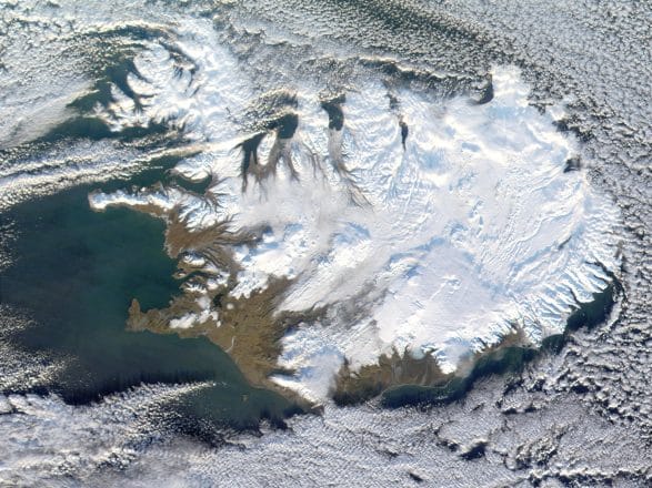 A satellite image of Iceland in winter