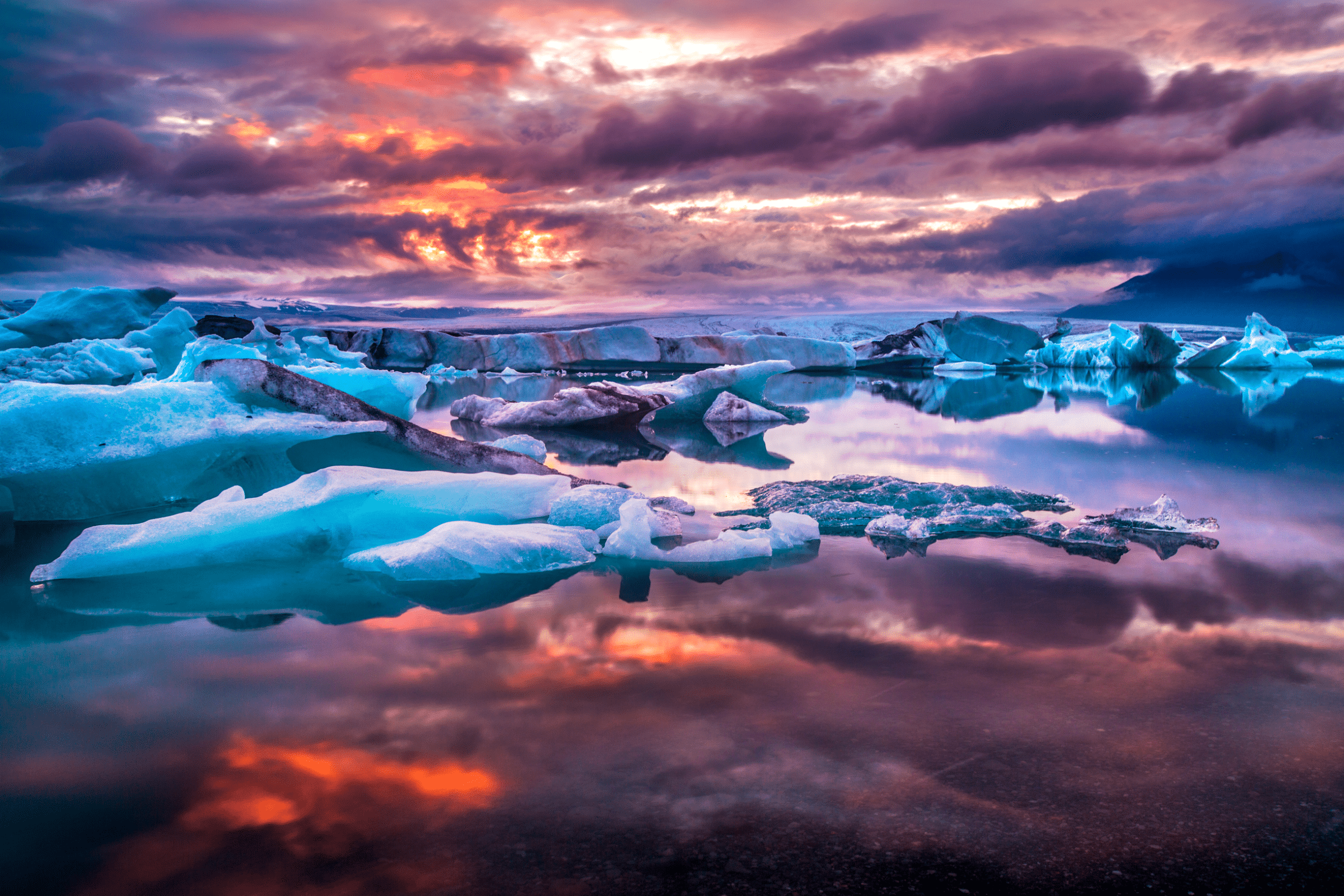 Pink skies reflected in a calm lagoon filled with white and blue icebergs, at Jökulsárlón Glacier Lagoon in Iceland
