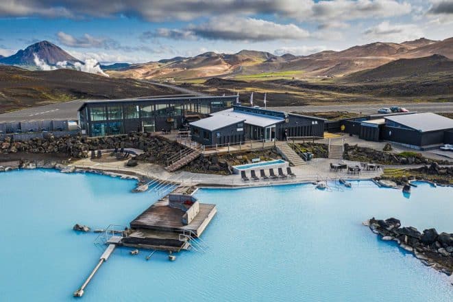 An aerial shot of Mývatn Nature Baths in North Iceland