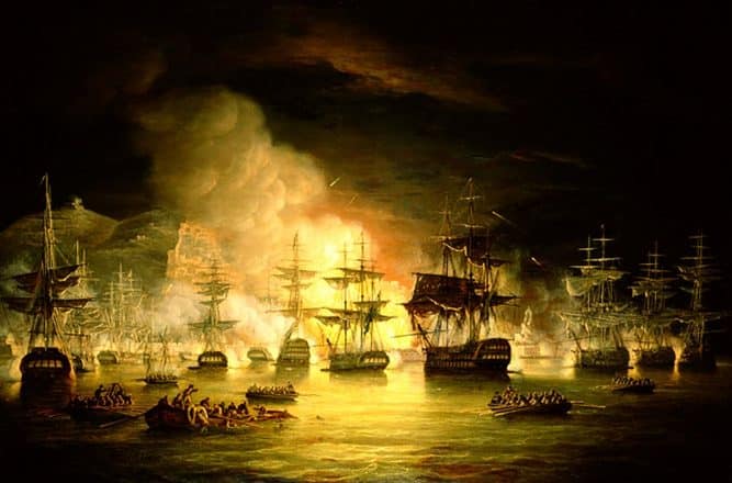 Una pintura de barcos siendo atacados por la noche.