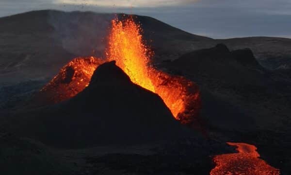 A volcano erupting on the Reykjanes Peninsula in Iceland