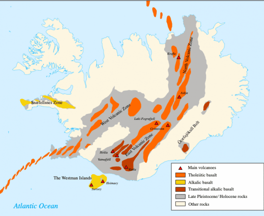 Un mapa de las zonas volcánicas en IClandia