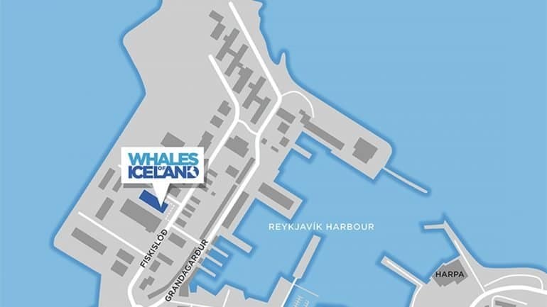 A map showing the Whales of Iceland Exhibition in Reykjavik
