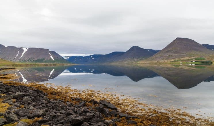 Mountains mirrored in the water of Dyrafjordur fjord in Iceland's Westfjords.