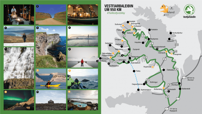 Carte du Westfjords Way avec des photos des lieux sélectionnés.