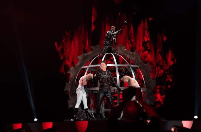 The band Hatari performing at the Eurovision Song Contest rehersals