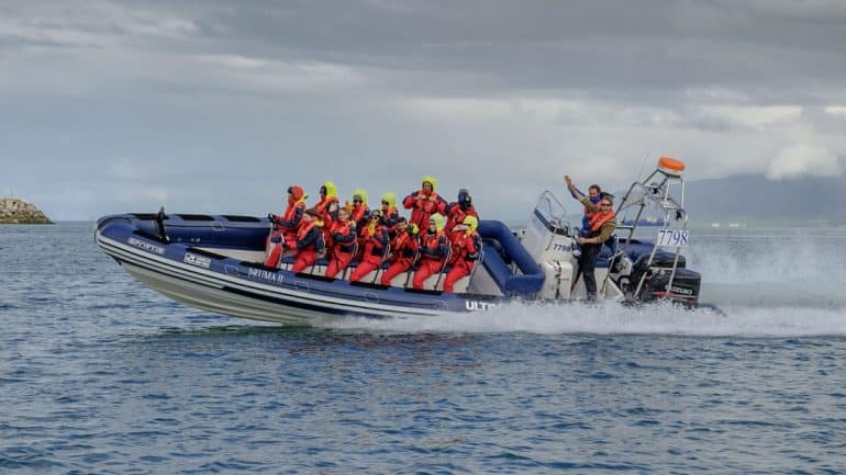 Un bateau semi-rigide lors d'une excursion d'observation des baleines en Islande.