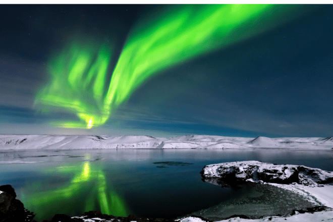 Aurores boréales vertes se reflétant dans un lac en Islande avec des montagnes enneigées en arrière-plan.
