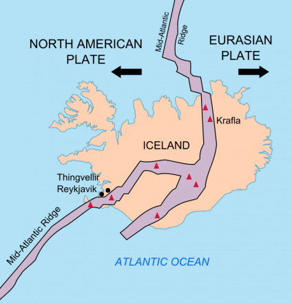 Un mapa que muestra cómo el Rift del Atlántico Medio cruza Islandia.