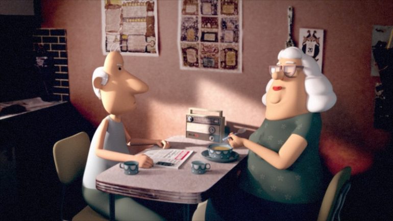 Two animated character sitting by a table.
