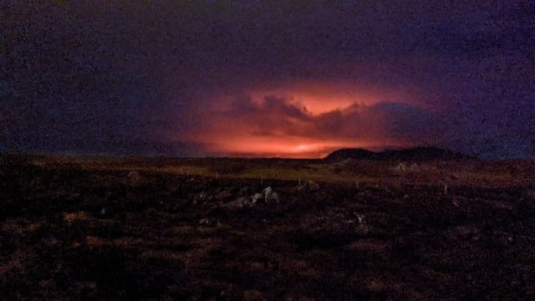 A glow from lava in an eruption in Iceland