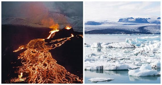 Gecombineerde afbeelding van een vulkaan en een gletsjer