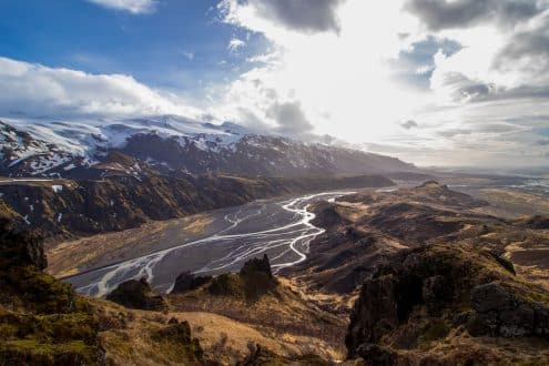 Rivers and mountain in Thorsmork Valley in the Icelandic Highlands.