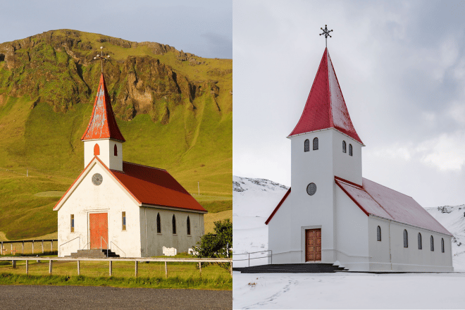 Una foto comparativa de la iglesia Reyniskirkja y la iglesia Vikurkirkja en el sur de Islandia