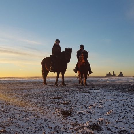 Paseo a caballo por una playa de arena negra en el sur de Islandia