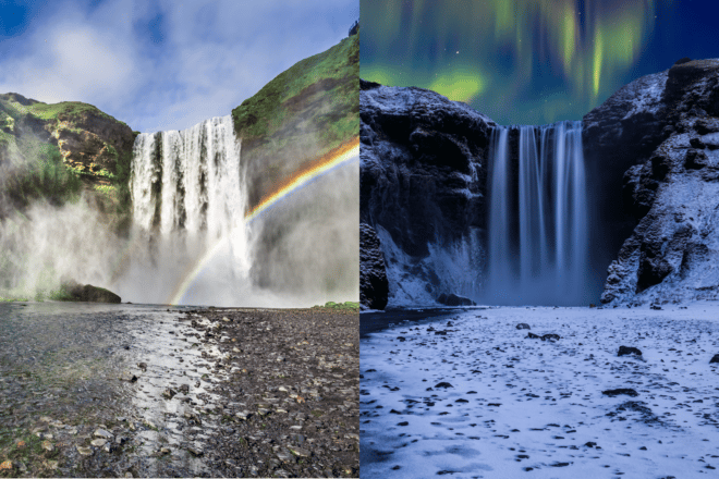 Side by side photo of Iceland's Skogafoss Waterfall in summer and winter