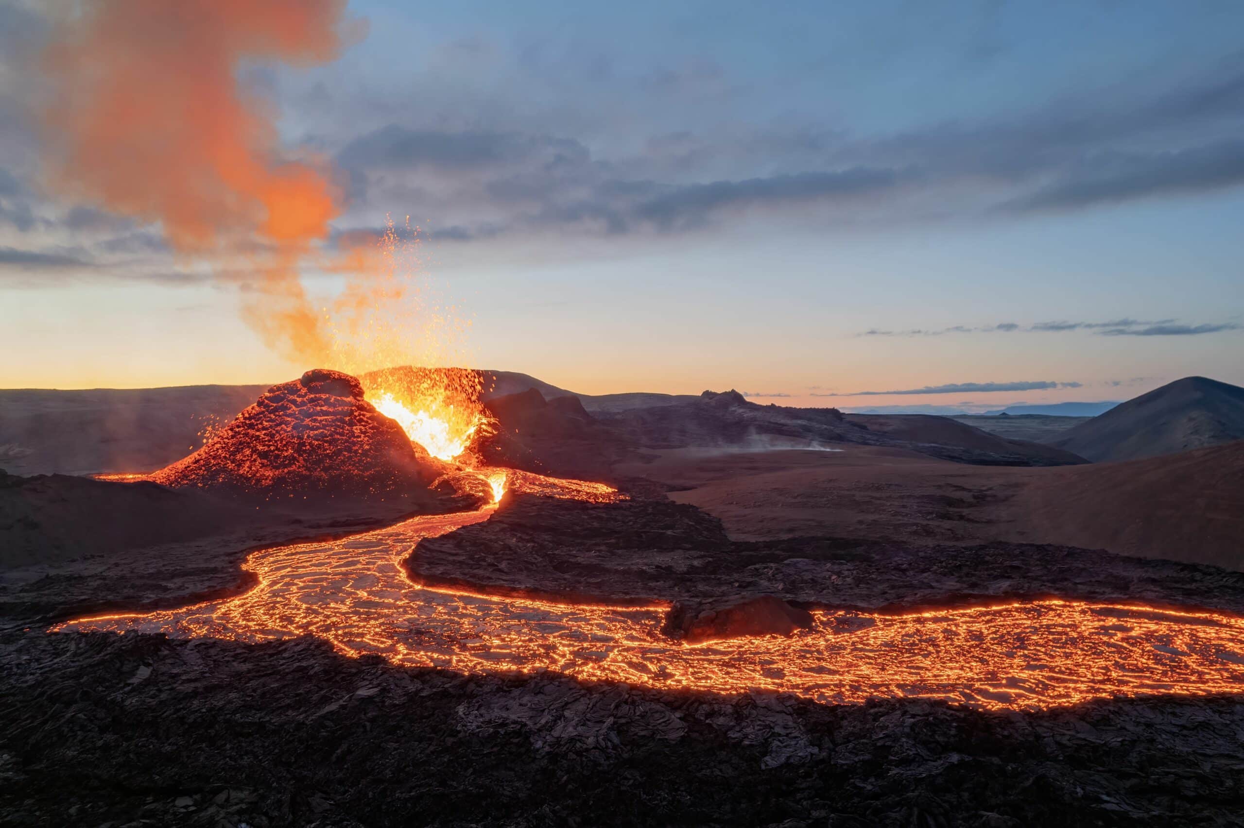 Smoke and lava coming from a crater of Fagradalsfjall Volcano, Iceland.