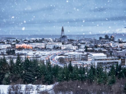 Reykjavík city skyline in winter.