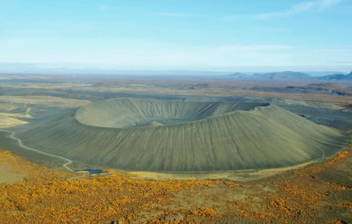 Aerial view of Hverfjall crater and fall colors in North Iceland's Mývatn Region
