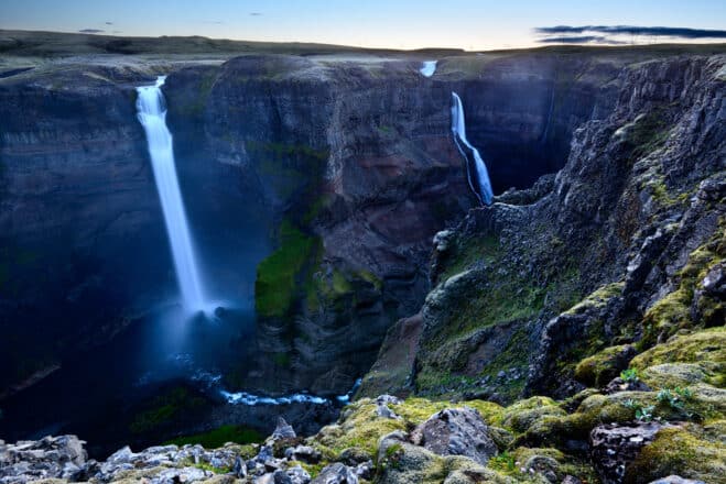 Háifoss Waterfall and its neighbour Granni Waterfall in the Icelandic Highlands