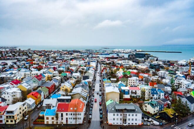 An areal view of colourful houses in Reykjavik, Iceland