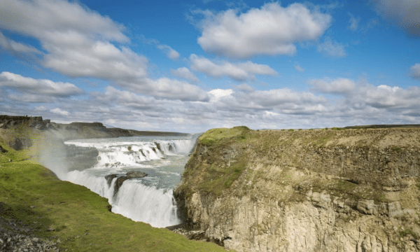 The waterfall Gullfoss, one of the stops on Iceland's Golden Circle route, on a summer's day.