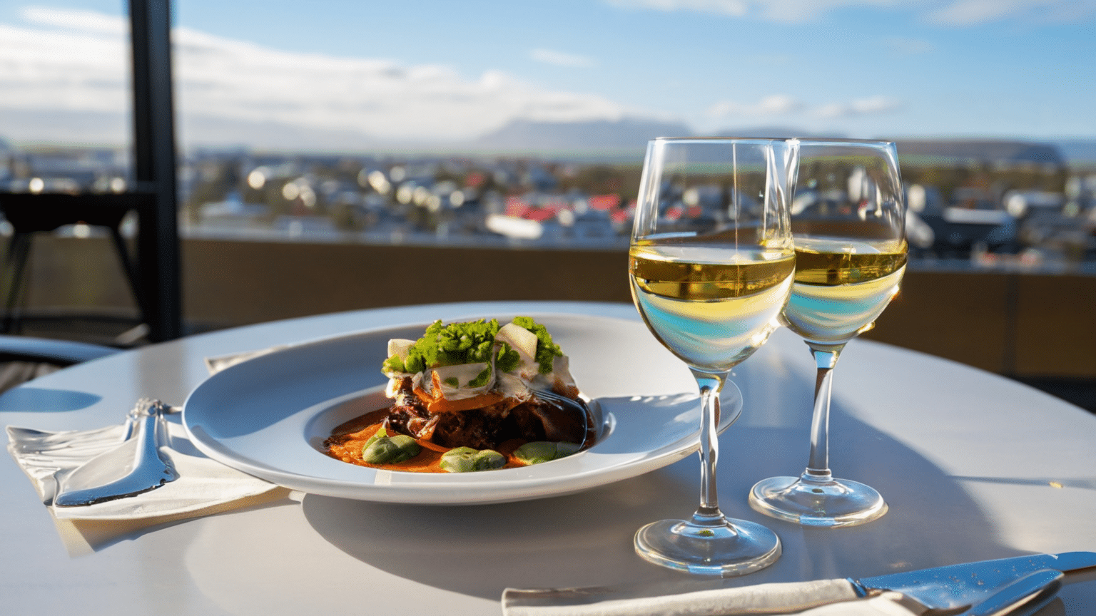 Dos copas de vino y una comida gourmet en una mesa con paisajes de Reikiavik al fondo.