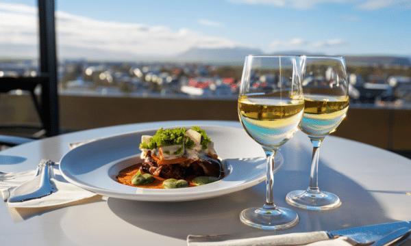 Two wine glasses and a gourmet meal on a table with Reykjavik landscapes in the background.