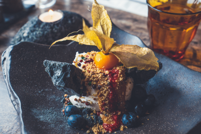 Icelandic ice cream menu with volcanic rock sugar cane and blueberries