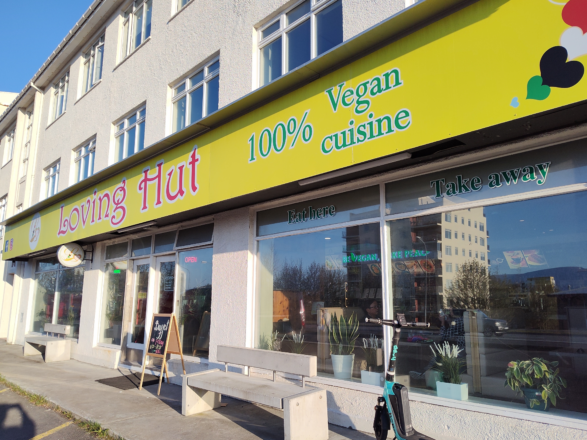 Outside Loving Hut vegan restaurant in Reykjavik.