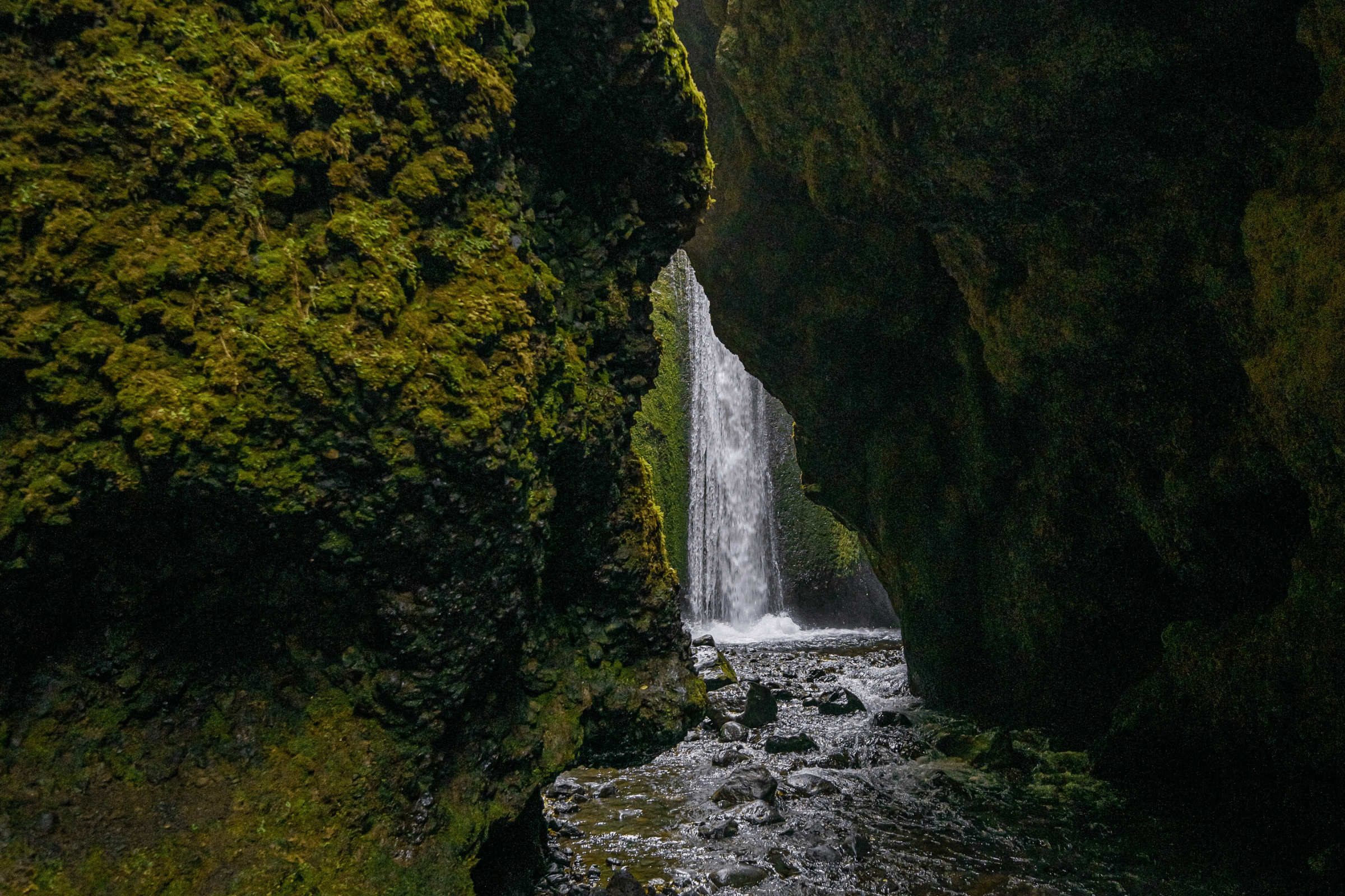 A peak between the rock walls of Nauthusagil Ravine, showing a waterfall. South Iceland.