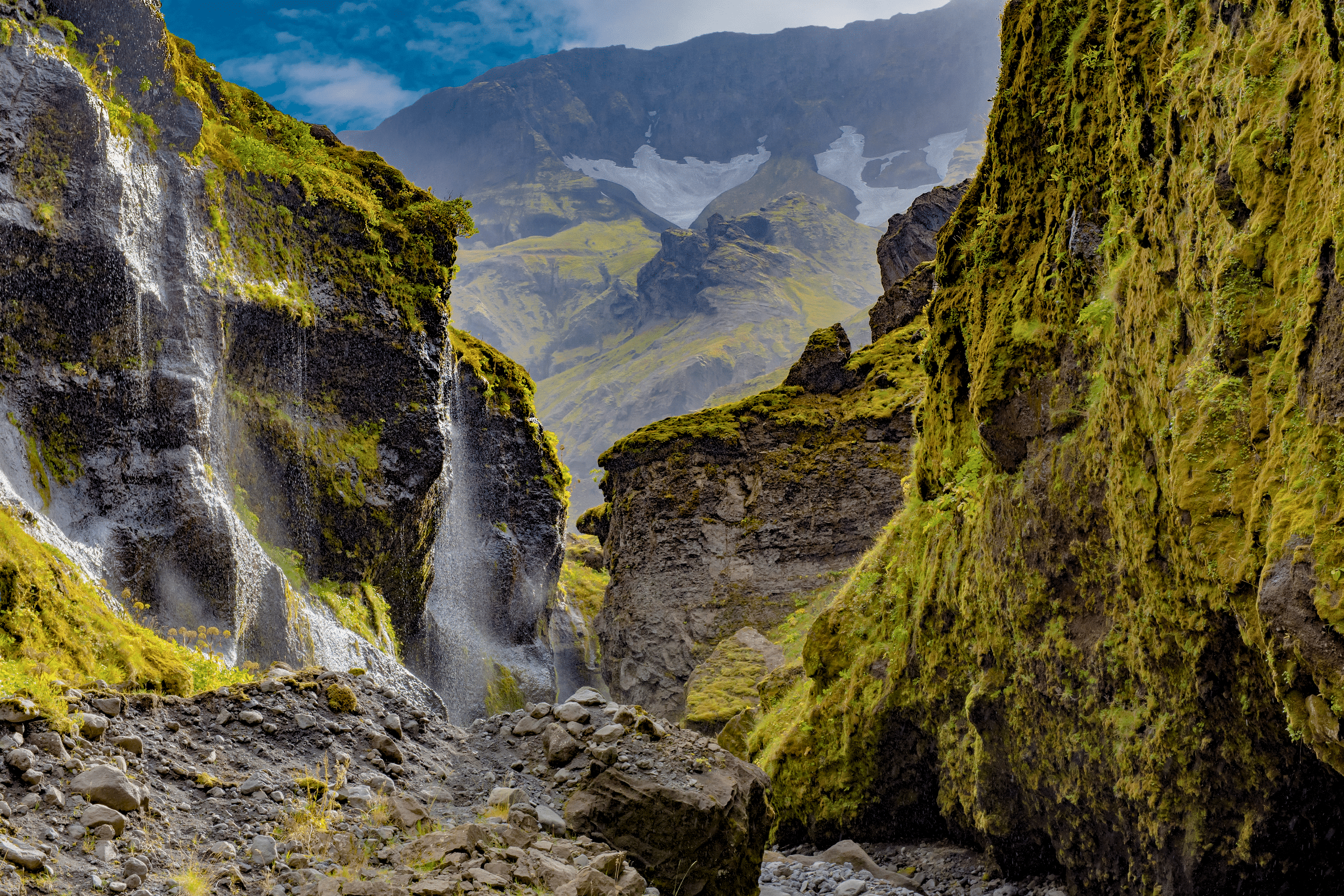 Cascades of white water from the glacier in Stakkholtsgja canyon, Iceland.