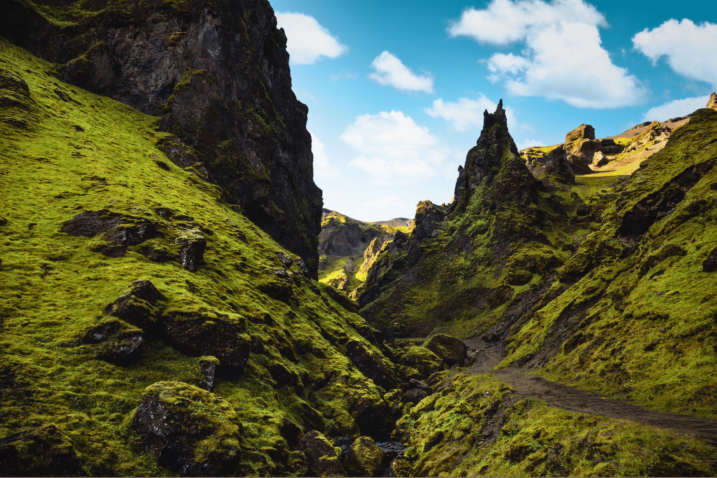 Jagged and moss-covered cliffs of Thakgil Canyon in South Iceland.
