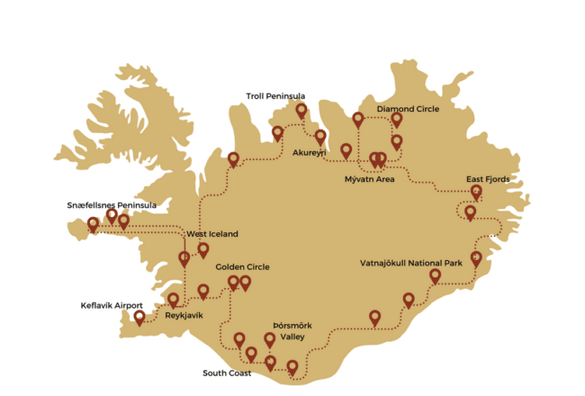 Une carte de l'Islande montrant les différents arrêts d'un circuit circulaire.