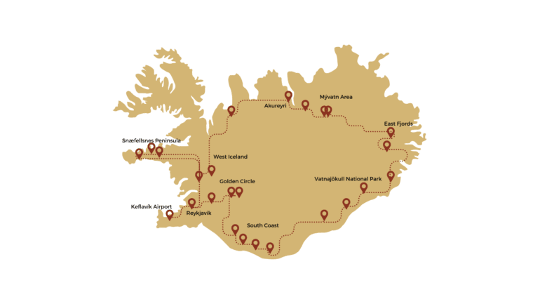 Une carte montrant un itinéraire et des arrêts pour un tour en cercle autour de l'Islande en hiver.