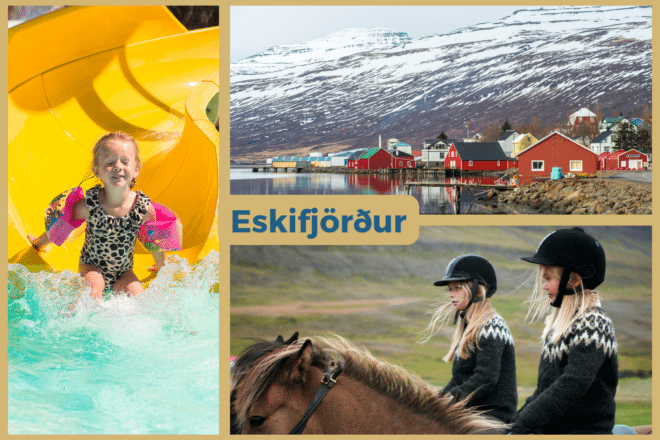 Een collage van foto's van de stad Eskifjörður; huizen, meisjes die IJslandse paarden berijden en een kind dat van een waterglijbaan glijdt.