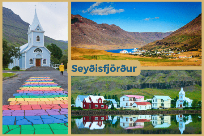 Een collage van Seydisfjordur, de berg die de stad omringt, de huizen en de regenboogstraat die naar de kerk leidt.