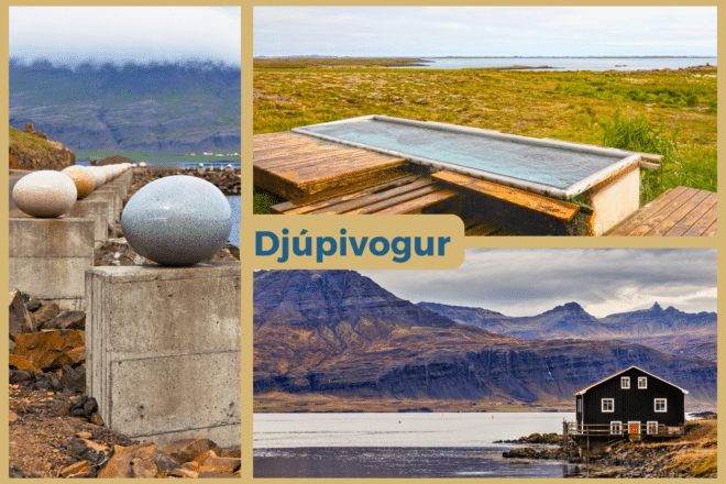 Een collage van de stad Djúpivogur; Eieren van Merry Cove, Huizen, en bubbelbad.