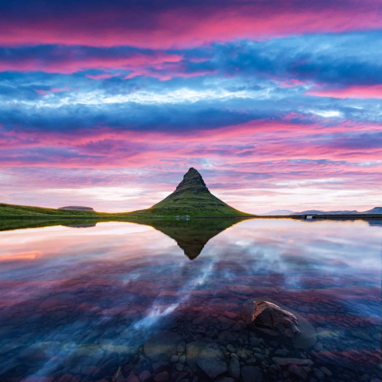 Colorful sunrise at Mt Kirkjufell on Iceland's Snæfellsnes Peninsula.