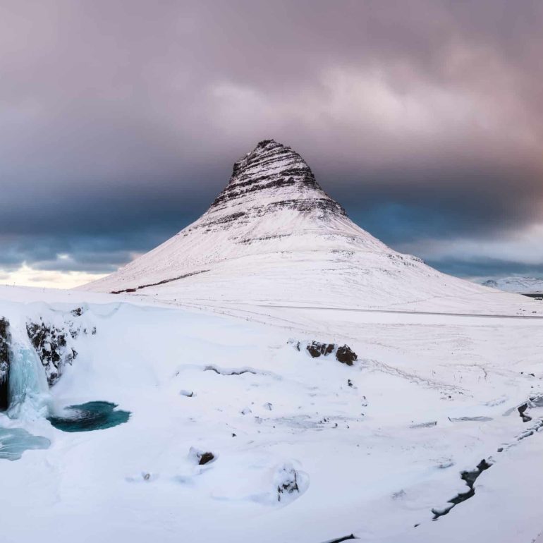 Snow-covered Mt. Kirkjufell on Iceland's Snæfellsnes Peninsula.