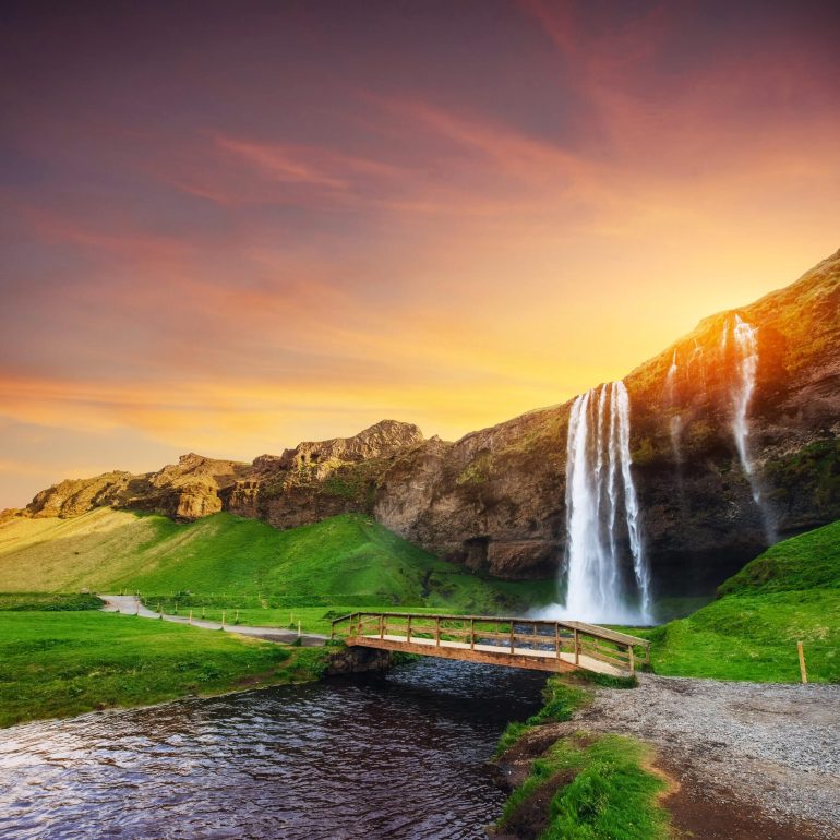 Seljalandfoss waterfall. Beautiful summer sunny day. Iceland Europe